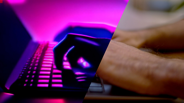 Individual typing on an AI computer keyboard