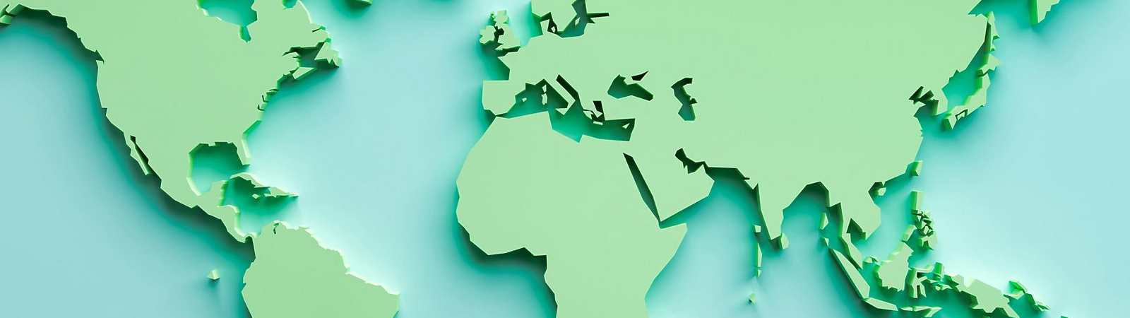 Green world map on light blue background