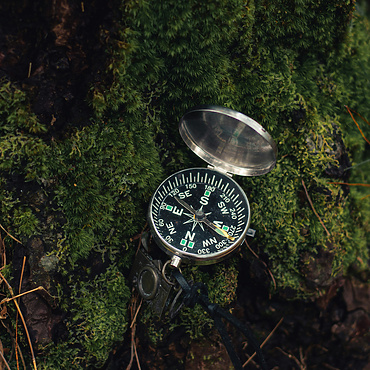 a compass on a mossy rock