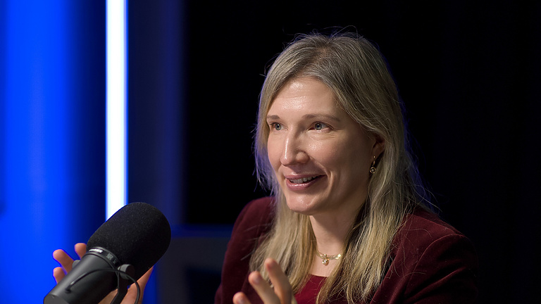 a person sitting at a desk with a microphone
