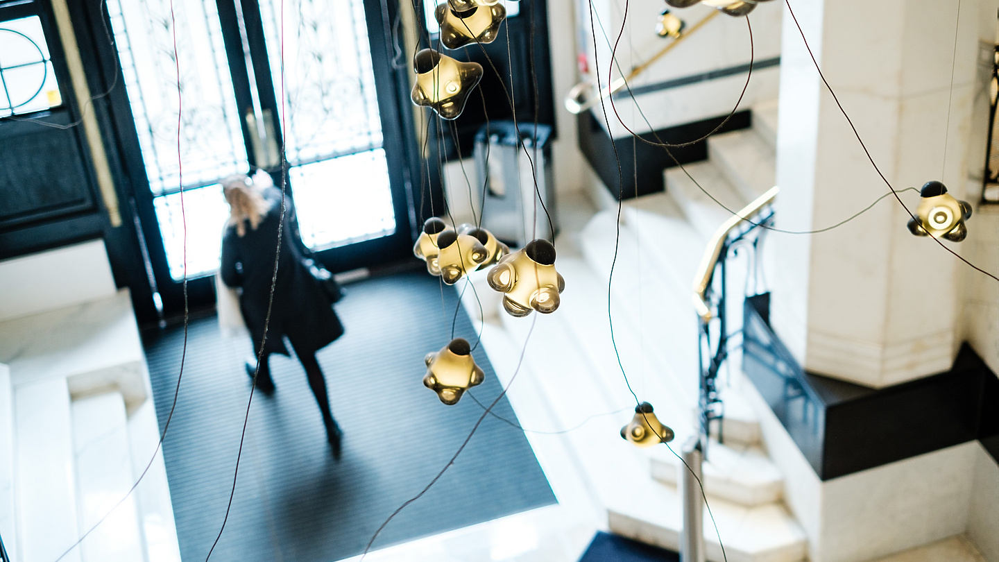 a person walking in a hallway