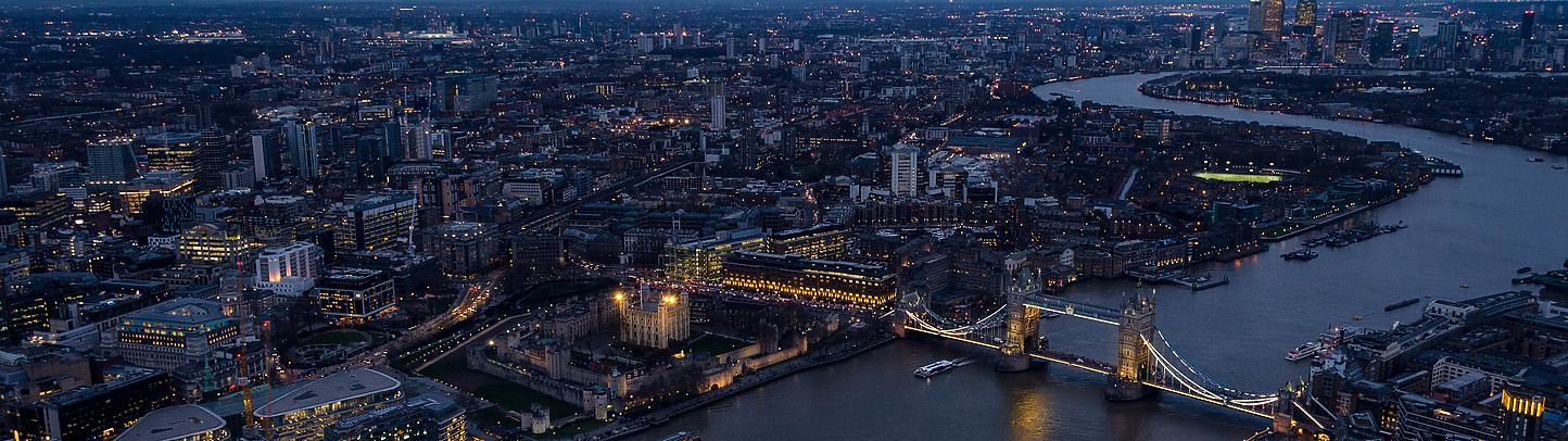 a city with a bridge and a river