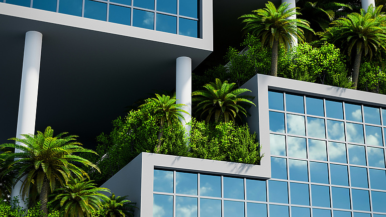 a building with trees and plants