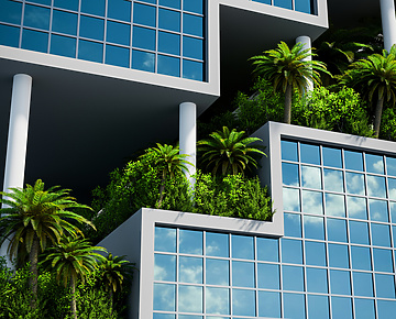 a building with trees and plants